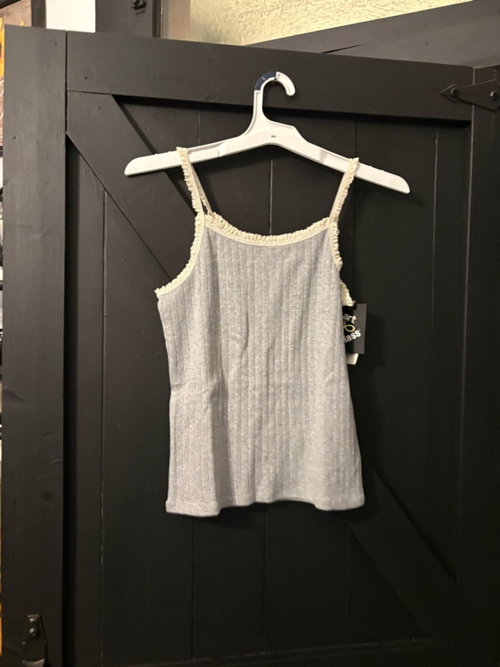 art class Gray Ribbed Tank with Cream Lace Trim